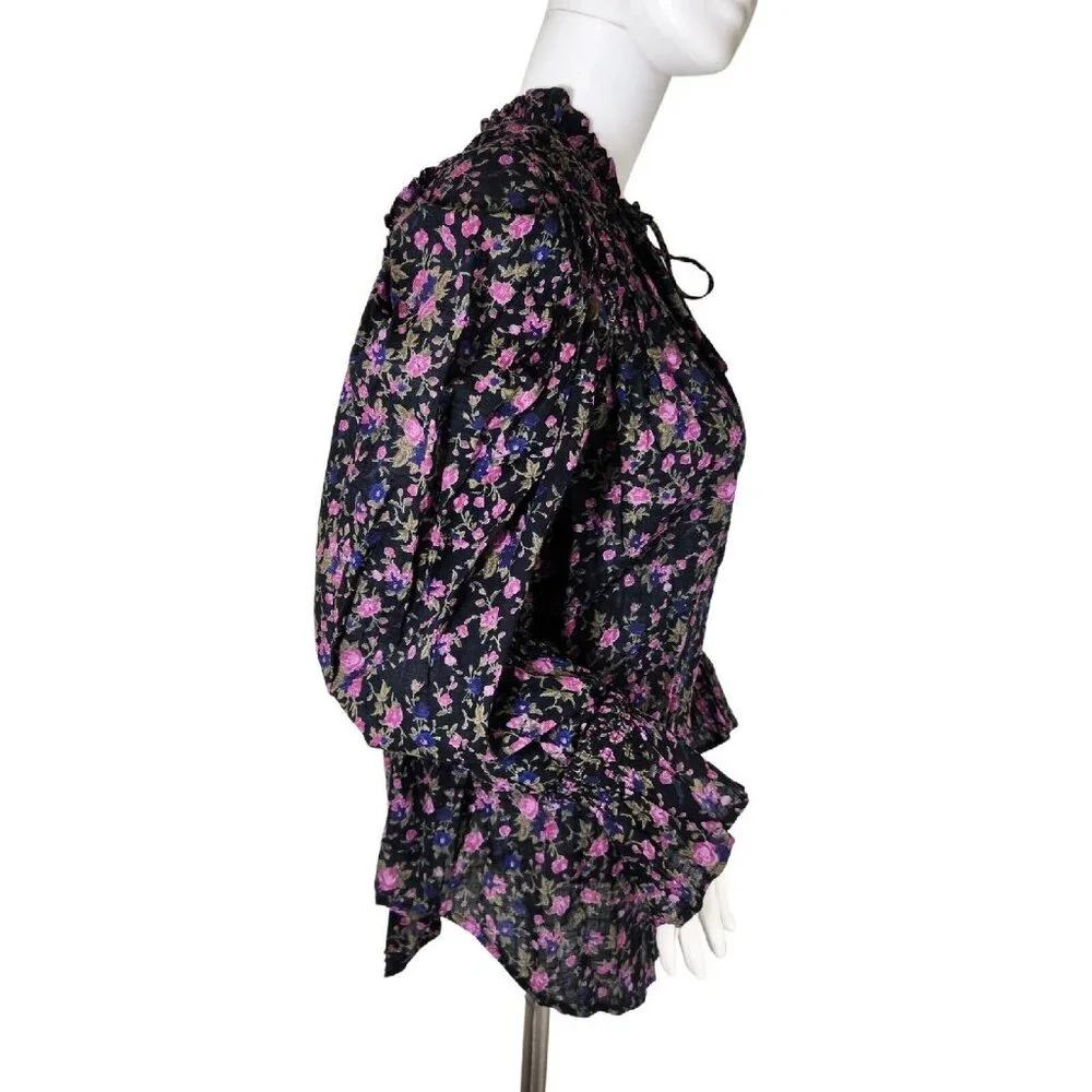 Free People womens Blouse Size S Meant To Be Smocked Floral Black Combo (20)